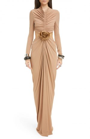 Cutout Waist Long Sleeve Jersey Gown